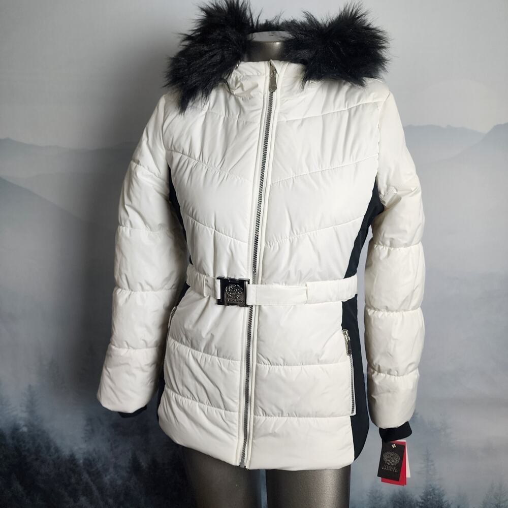 NWT Vince Camuto White Belted Faux Fur Puffer Jacket | Women's L (14/16)